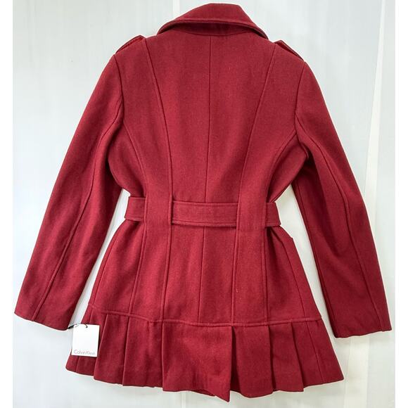 NEW CALVIN KLEIN Sz 2 Skirted Wool Trench Coat Pleated Double Breast Burgundy - Picture 5 of 9